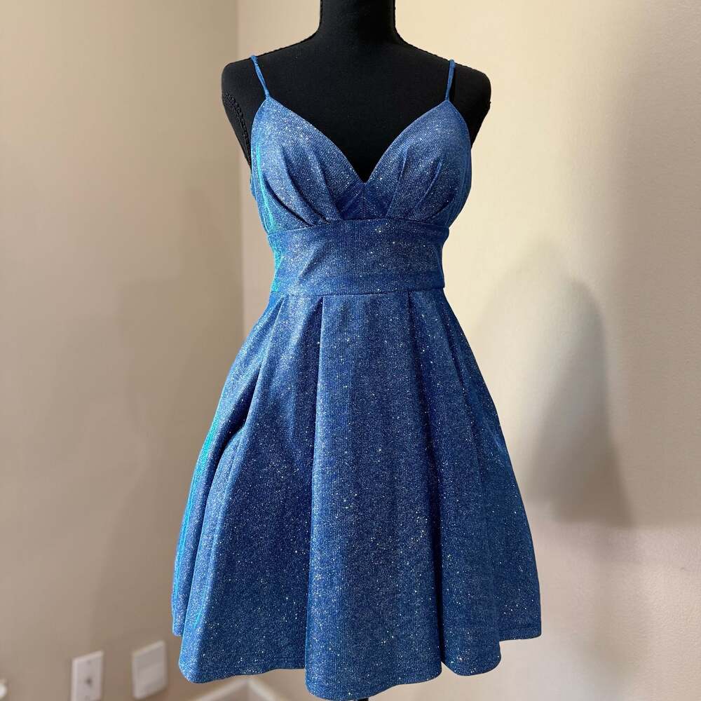 B. Darlin Blue Glitter Spaghetti Strap Party Skater Dress Size 3/4